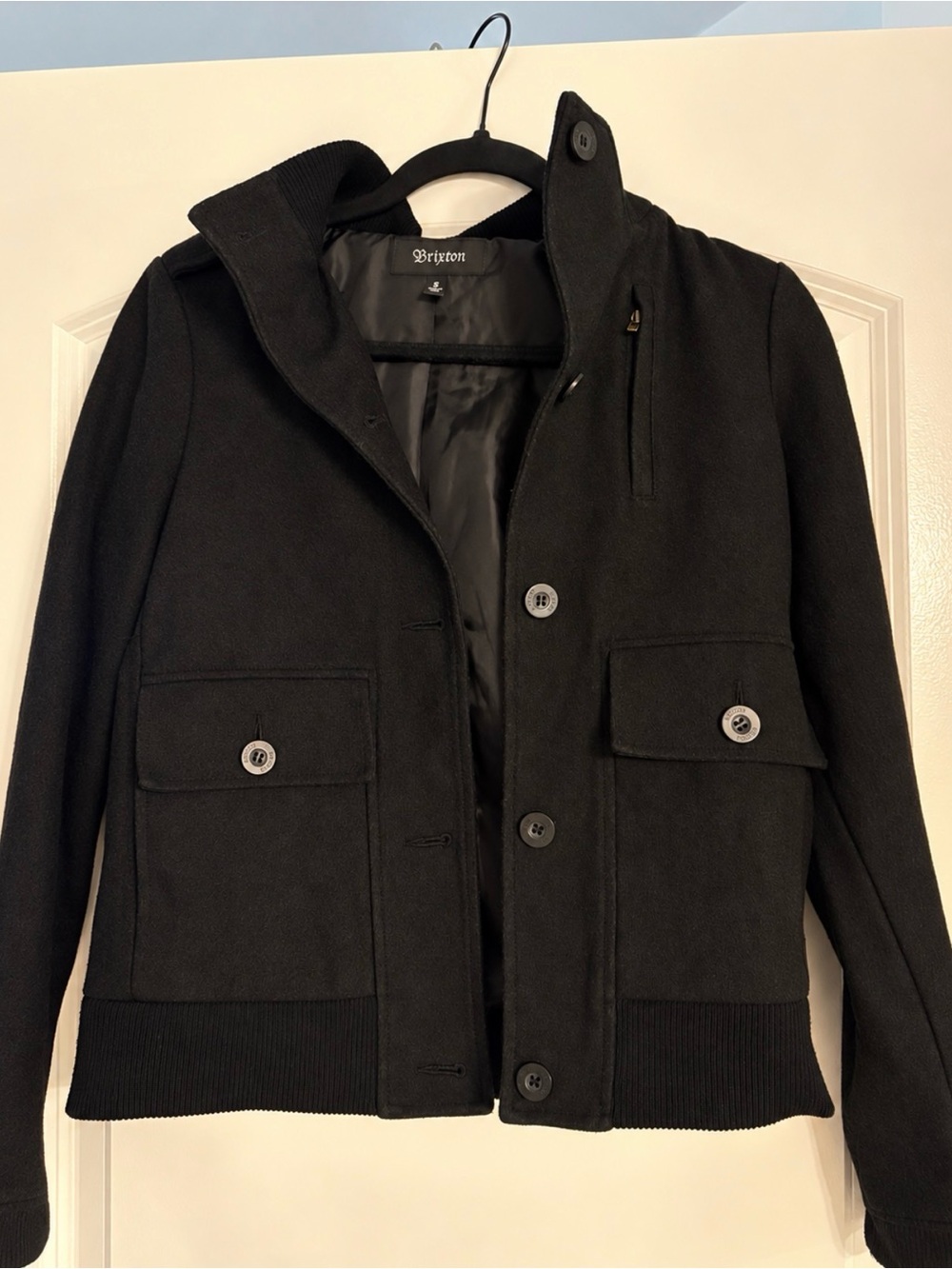 Brixton Black Wool-Blend Button Front Pea Coat